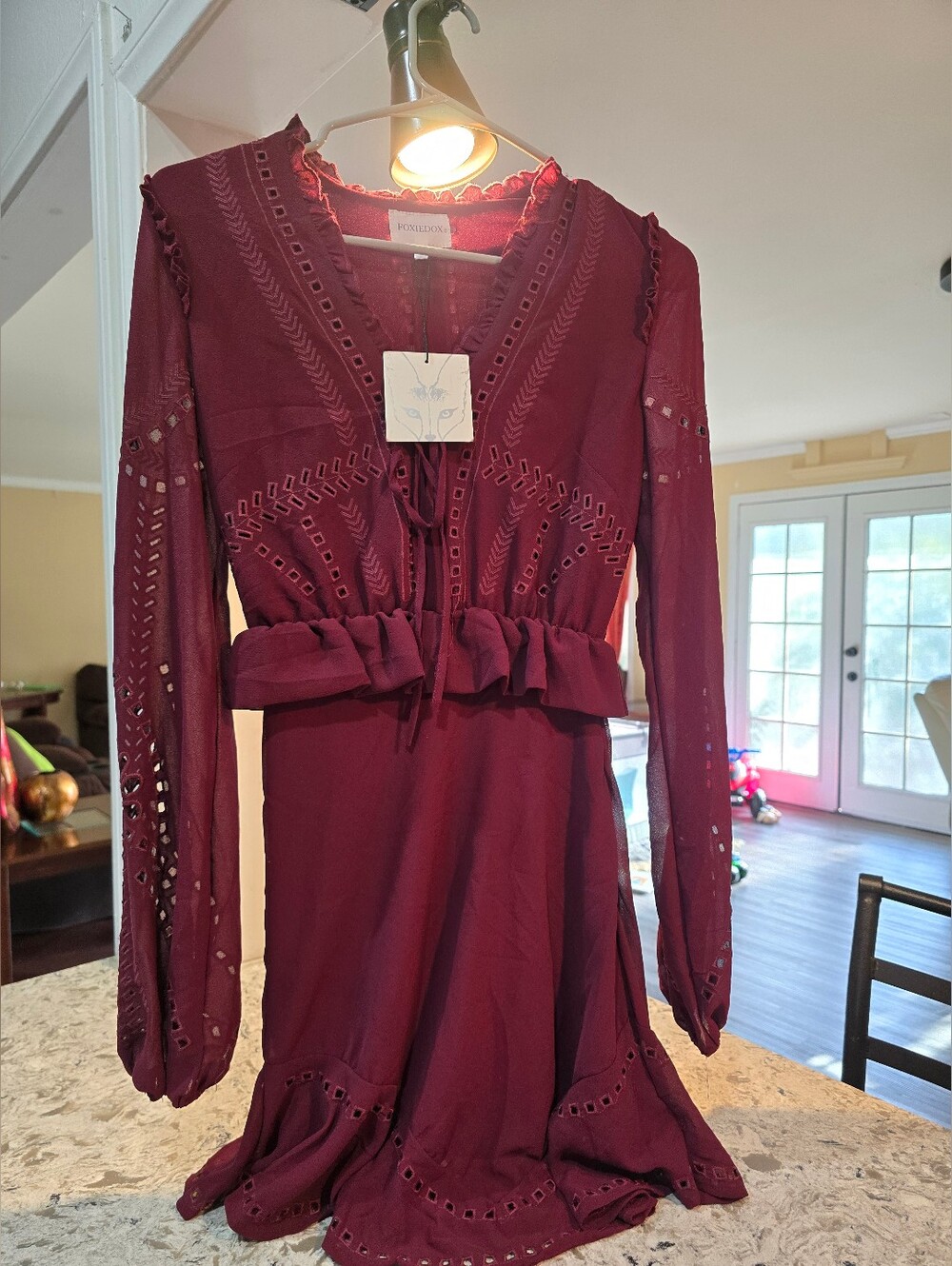 NWT Foxiedox Burgundy Eyelet Lace-Up Long Sleeve Mini Dress XS